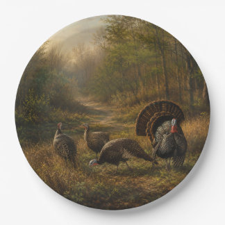 Wilde kalkoenen in het herfstbos papieren bordje