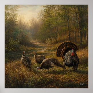 Wilde kalkoenen in het herfstbos poster