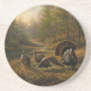 Wilde kalkoenen in het herfstbos zandsteen onderzetter