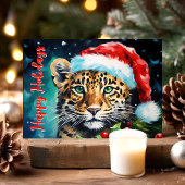 Wilde kerstwensen Santa Hat Cheetah Cat Feestdagen Kaart