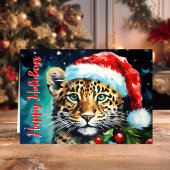 Wilde kerstwensen Santa Hat Cheetah Cat Feestdagen Kaart