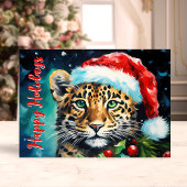 Wilde kerstwensen Santa Hat Cheetah Cat Feestdagen Kaart