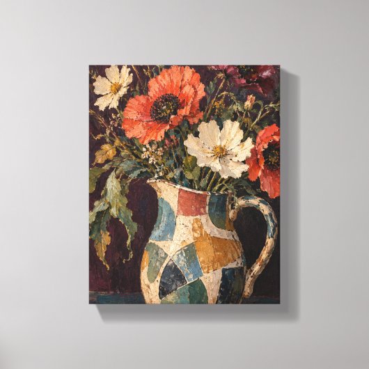 Wilde klaprozen in een patchwork-aarden kruik bloe canvas afdruk (Voorkant)