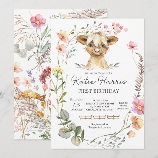 Wilde Koe Birthday Uitnodiging (Voorkant / Achterkant)