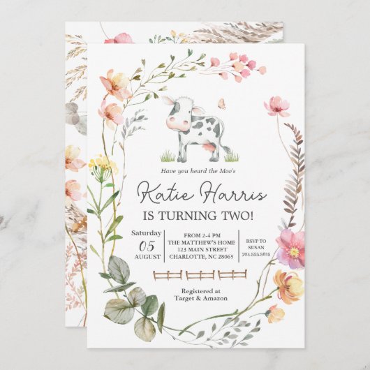 Wilde Koe Birthday Uitnodiging (Voorkant / Achterkant)