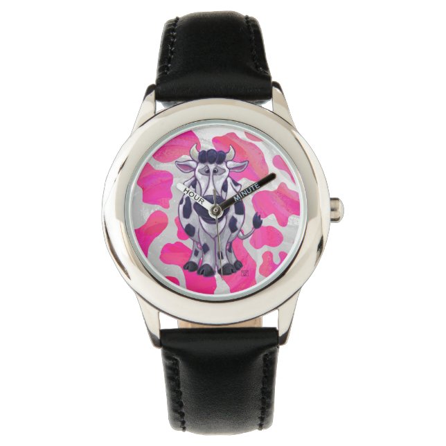 Wilde Koe Roze en Wit Horloge (Voorkant)