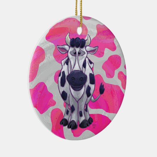 Wilde Koe Roze en Wit Keramisch Ornament (Rechts)