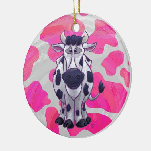 Wilde Koe Roze en Wit Keramisch Ornament (Links)