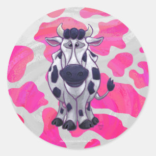 Wilde Koe Roze en Wit Ronde Sticker