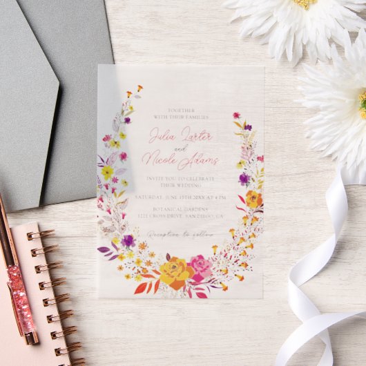 Wilde krans Mooie Herfst Bloemen Eenvoudige bruilo Vellum Uitnodigingen (Huwelijk)