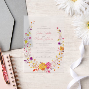 Wilde krans Mooie herfstbloemen Eenvoudige bruilof Vellum Uitnodigingen