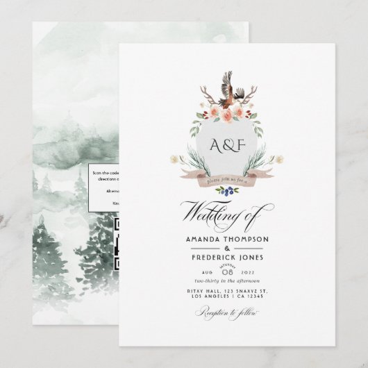 Wilde Laurea Woud Kam QR Code RSVP Huwelijk Kaart (Voorkant / Achterkant)