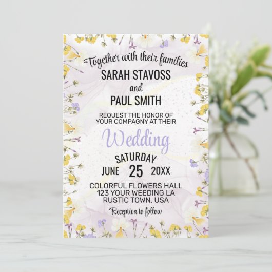 Wilde lavendel- en gele bloemenbruiloft kaart (Staand voorkant)