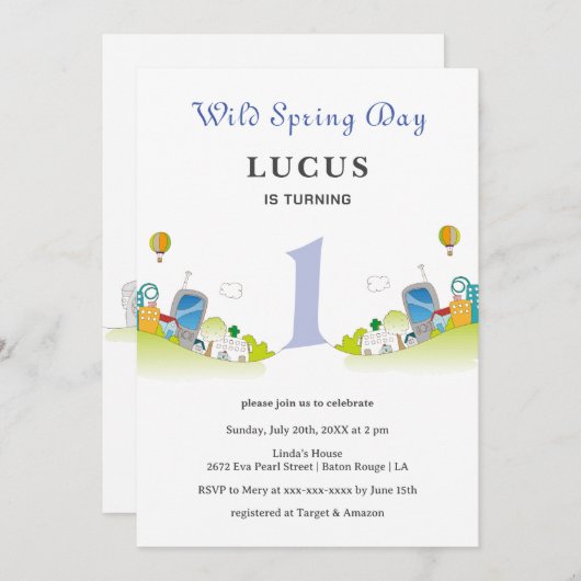 Wilde lentedag 1e verjaardag kaart (Voorkant / Achterkant)