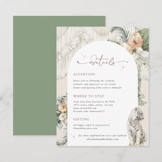Wilde Liefde | Boho Macrame Groene Gastdetails Informatiekaartje (Voorkant / Achterkant)