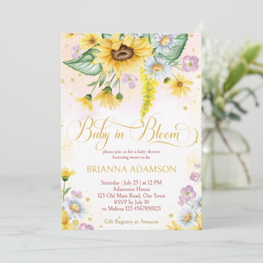 Wilde madelief zonnebloem baby in bloei baby showe kaart (Staand voorkant)