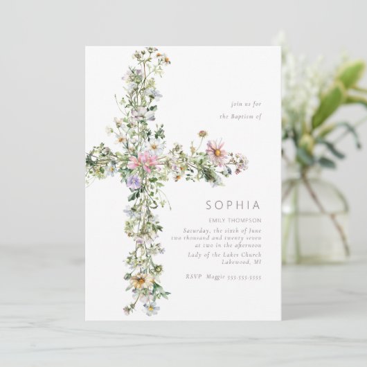 Wilde meauwe bloem kruist de Baptism Christening Kaart (Staand voorkant)