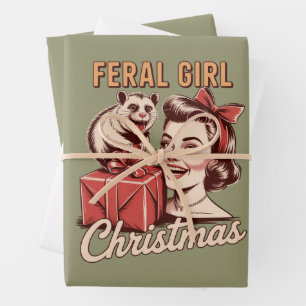 Wilde Meisje Kerst Opossum Xmas Rommelig Retro Inpakpapier Vel
