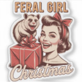 Wilde Meisje Kerst Opossum Xmas Rommelig Retro Sticker (Voorkant)