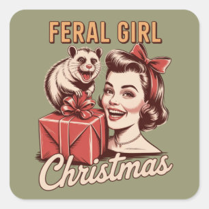 Wilde Meisje Kerst Opossum Xmas Rommelig Retro Vierkante Sticker