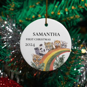 Wilde Mooie Jungle Dieren Regenboog Eerste Kerstmi Keramisch Ornament