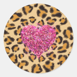 Wilde mousserende roze Harten en luipaard Ronde Sticker