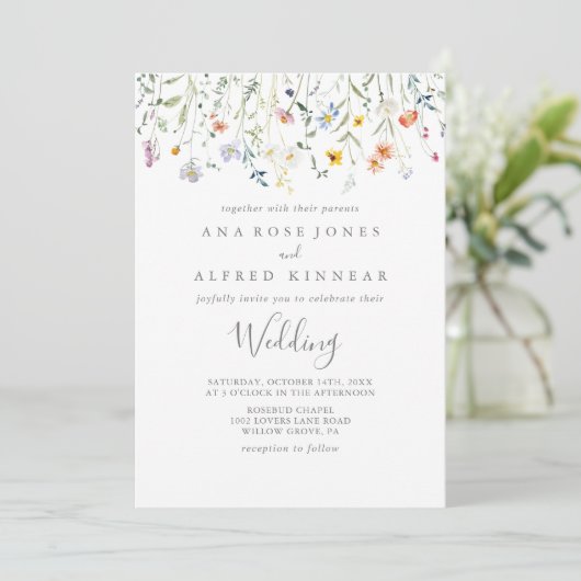 Wilde Multicolour Bloemen Voor & Achterbruiloft Kaart (Staand voorkant)