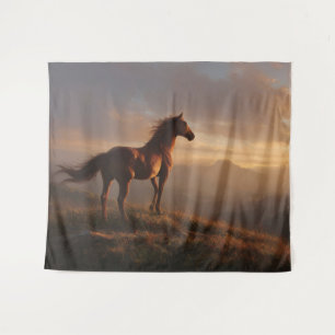 Wilde Mustang kijkt naar de zonsondergang Wandkleed