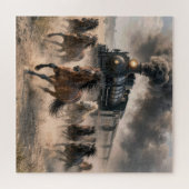 Wilde Mustangs rennen naast een vintage trein Legpuzzel (Horizontaal)