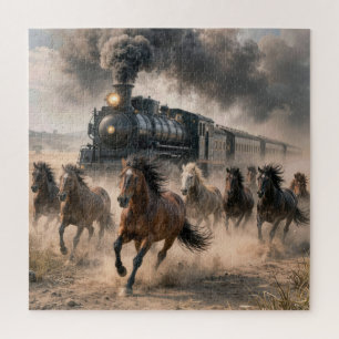 Wilde Mustangs rennen naast een vintage trein Legpuzzel