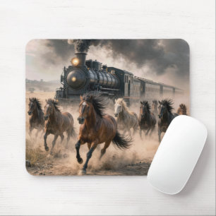 Wilde Mustangs rennen naast een vintage trein Muismat