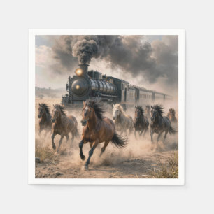 Wilde Mustangs rennen naast een vintage trein Servet