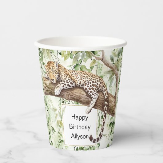 Wilde Oerwoud Groene Ivy Leopard Verjaardag Papieren Bekers (Voorkant)