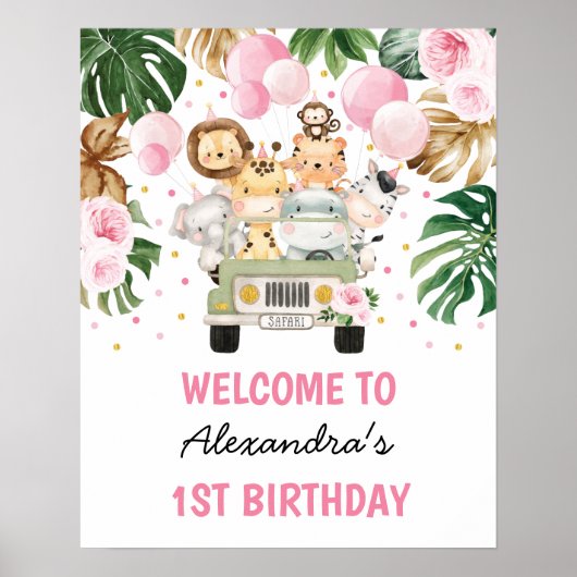 Wilde Oerwouden Roze Floral Birthday Welkom Poster (Voorkant)