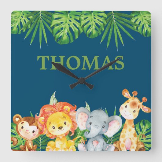 Wilde Oerwouden Safari Kinderen Nursery Décor Vierkante Klok (Voorkant)