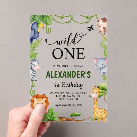 Wilde One Safari Oerwoud Animals Waterverf Birthda Acryl Uitnodigingen (Insitu (Draagbaar))
