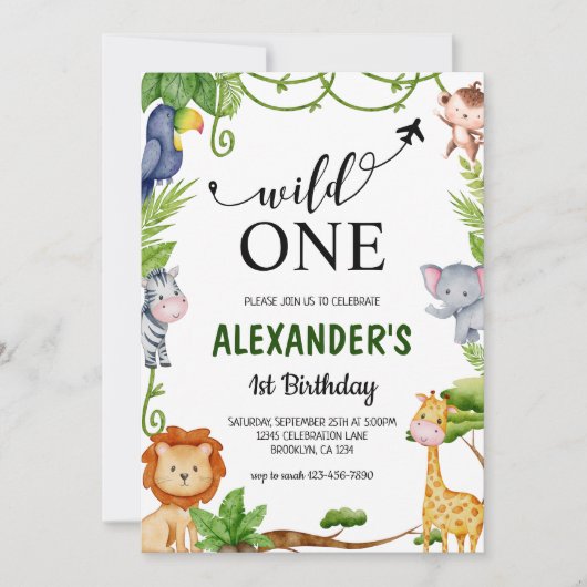 Wilde One Safari Oerwoud Animals Waterverf Birthda Kaart (Voorkant)