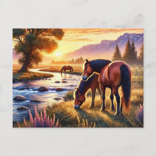 Wilde paarden bij zonsondergang  briefkaart
