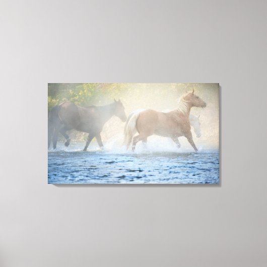 Wilde paarden die door water lopen canvas afdruk (Voorkant)