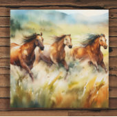 Wilde paarden die grassy Fields Waterverf uitvoere Canvas Afdruk