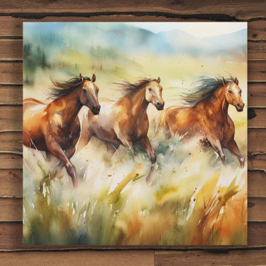 Wilde paarden die grassy Fields Waterverf uitvoere Canvas Afdruk