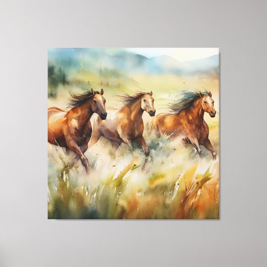 Wilde paarden die grassy Fields Waterverf uitvoere Canvas Afdruk (Voorkant)