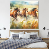 Wilde paarden die grassy Fields Waterverf uitvoere Canvas Afdruk (Insitu (Slaapkamer))