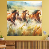Wilde paarden die grassy Fields Waterverf uitvoere Canvas Afdruk (Insitu (Woonkamer))