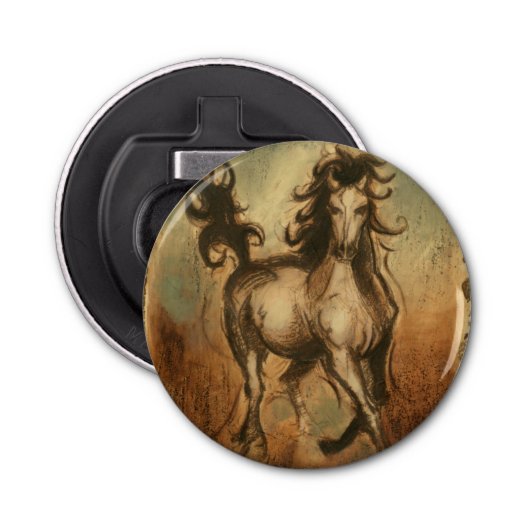 Wilde paarden en warme kleuren button flesopener (Voorkant)