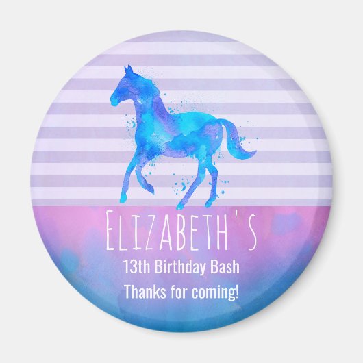 Wilde paarden in Blauwe en Paarse Waterverf Birthd Magneet (Voorkant)