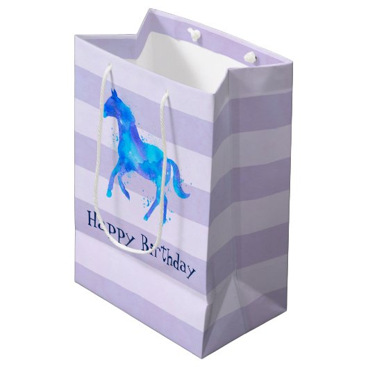 Wilde paarden in Blauwe en Paarse Waterverf Birthd Medium Cadeauzakje (Voorkant Gekanteld)