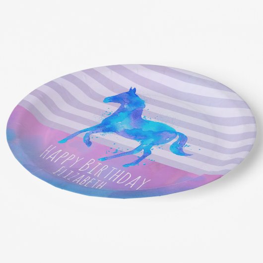 Wilde paarden in Blauwe en Paarse Waterverf Birthd Papieren Bordje (Gekanteld)