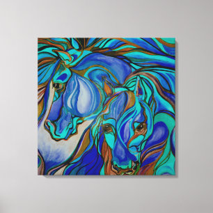 Wilde paarden in bruin en Blauwgroen Canvas Afdruk