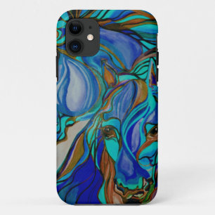Wilde paarden in bruin en Blauwgroen iPhone 11 Hoesje